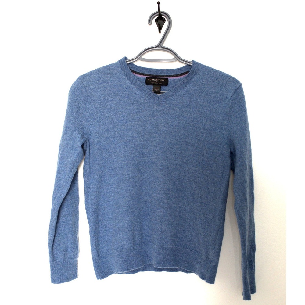 Banana Republic Womens Merino Wool V-Neck Sweater Blue Heather Size M